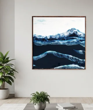 Blue resin ocean artwork displayed in a contemporary interior